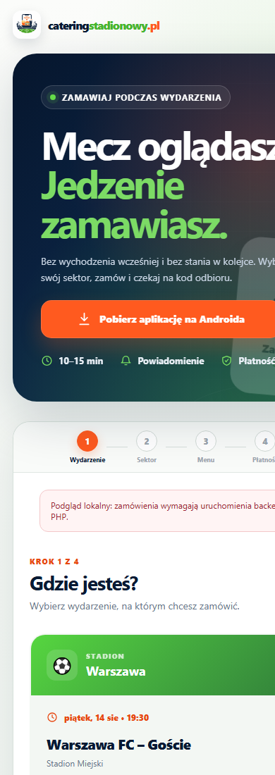 Catering Stadionowy - widok mobilny aplikacji