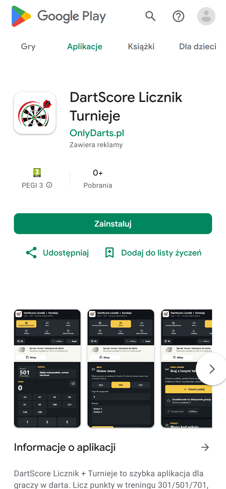 DartScore - widok mobilny aplikacji